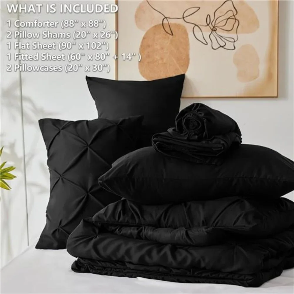 Queen Comforter Set Black, 7 Pieces Pintuck Bed in A Bag,Premium Black Comforter